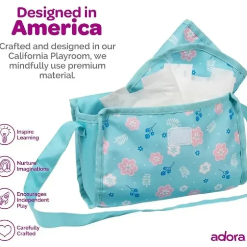 Adora - Bolsa de fraldas para boneca, inclui trocador e 2 fraldas de boneca, Blue Flower Power