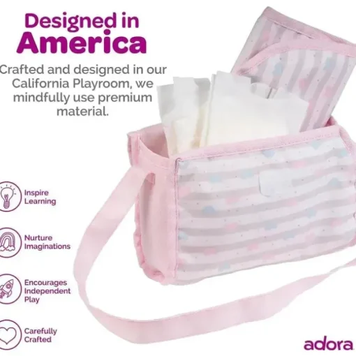 Adora - Bolsa de fraldas para boneca, inclui trocador e 2 fraldas de boneca, rosa pastel clássico