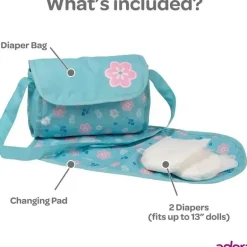 Adora - Bolsa de fraldas para boneca, inclui trocador e 2 fraldas de boneca, Blue Flower Power