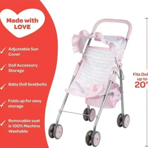 Adora - Carrinho de boneca com coração rosa pastel com sombra de guarda-chuva e acabamento com babados