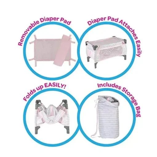 Adora Crib Pink Deluxe Pack N Play (conjunto de 7 peças)