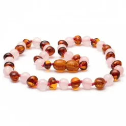 Ali + Oli - Colar Cognac Âmbar Polido e Quartzo Rosa