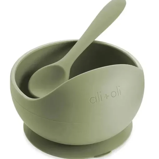 Ali + Oli - conjunto de tigela e colher de silicone, sálvia