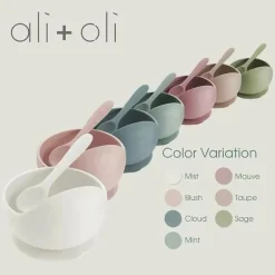 Ali + Oli - Conjunto de tigela e colher de silicone ondulado, rosa empoeirado