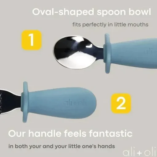 Ali+Oli - Conjunto de aprendizagem de colher e garfo para crianças, 6m+, azul pó