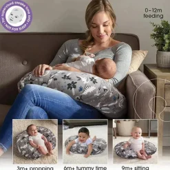 Almofada de alimentação e apoio infantil Boppy - dinossauros cinza