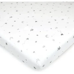 American Baby - Lençol de berço justo estampado 100% algodão natural tricô, estrelas e luas