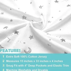 American Baby - Lençol de berço justo estampado 100% algodão natural tricô, estrelas e luas