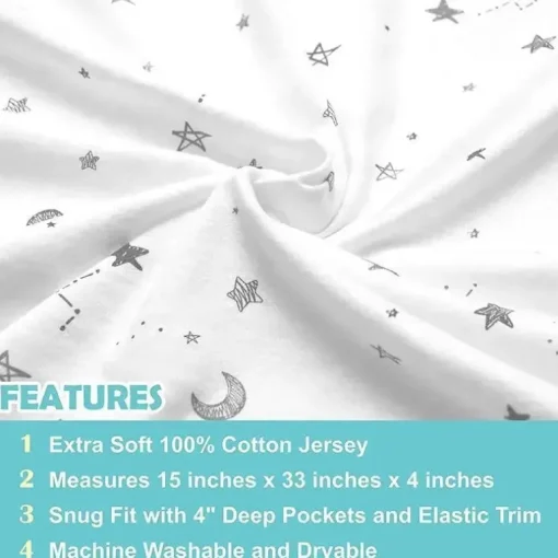 American Baby - Lençol de berço justo estampado 100% algodão natural tricô, estrelas e luas