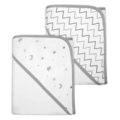 American Baby - TL Care Terry 2 pacotes de toalhas com capuz, algodão orgânico, estrelas cinza/ziguezague cinza