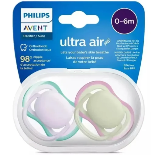 Avent - Chupeta 2Pk Ultra Air Fresco Lilás e Verde Pastel, 0/6M