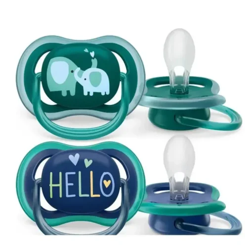 Avent - Chupeta Ultra Air 18M+, Opal Elephant / Blue Hello, Pacote com 2
