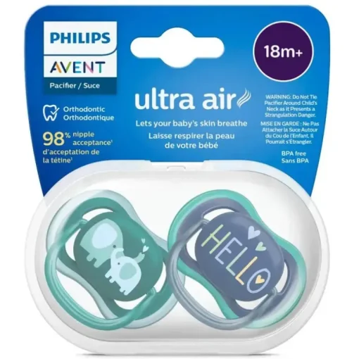 Avent - Chupeta Ultra Air 18M+, Opal Elephant / Blue Hello, Pacote com 2