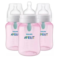 Avent - Garrafa anti-cólica de 3 unidades com ventilação sem ar, 9 onças, rosa