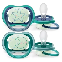 Avent - 2Pk Ultra Air Chupeta Noturna, Estrela Adormecida e Lua, 6/18M