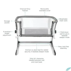 Baby Delight - Beside Me Dreamer Bassinet, ajuste de altura em 6 posições, Charcoal Tweed
