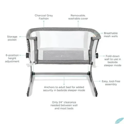 Baby Delight - Beside Me Dreamer Bassinet, ajuste de altura em 6 posições, Charcoal Tweed