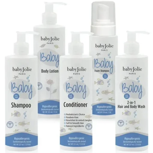 Baby Jolie - conjunto de banho para bebê 5 unidades (shampoo, loção corporal, condicionador, shampoo de espuma e sabonete líquido 2 em 1 para cabelo e corpo)