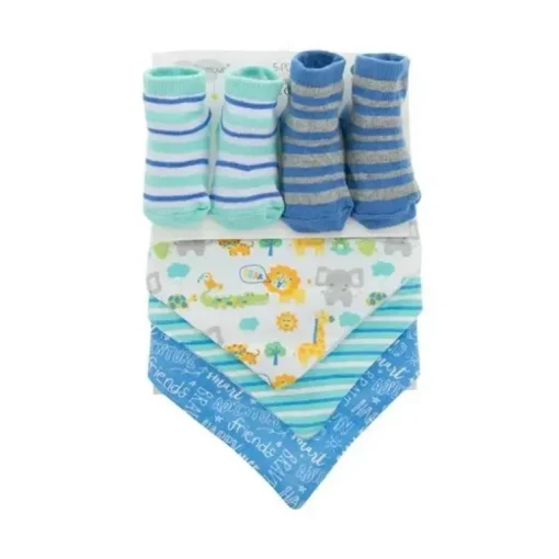 Baby King - 2Pk Baby Boy Bootie e 3Pk Bandana Bib Safari Animals, Azul