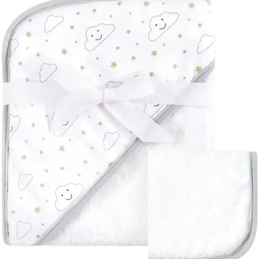 Baby Vision Bath - Print Woven Hooded Towel And Washcloth, Gray Cloud