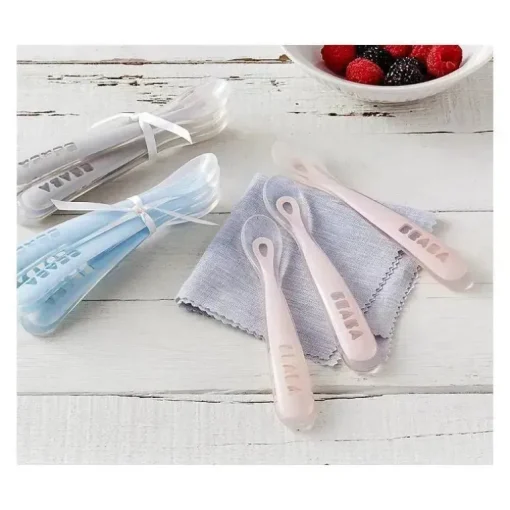 Beaba - Conjunto de Colheres de Silicone 4Pk Primeiro Estágio, Rosa