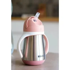 Beaba - copo com canudinho de palha de aço inoxidável, rosa