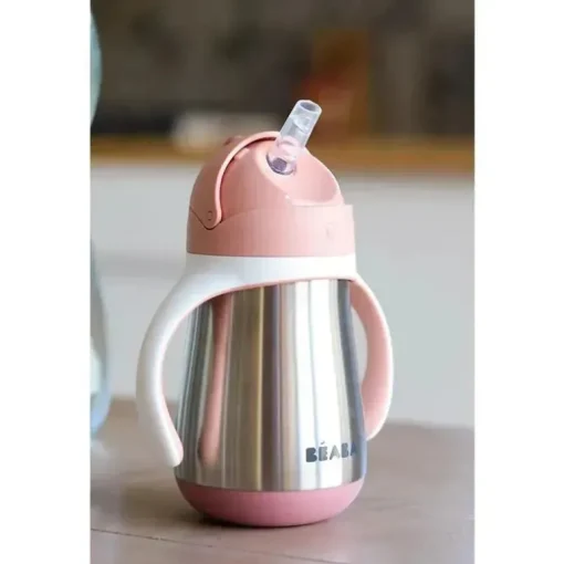 Beaba - copo com canudinho de palha de aço inoxidável, rosa