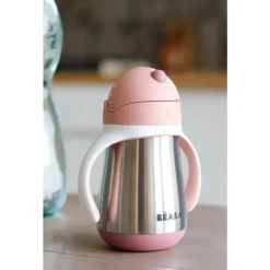 Beaba - copo com canudinho de palha de aço inoxidável, rosa