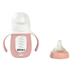Beaba - Copo de treinamento de vidro 2 em 1, rosa