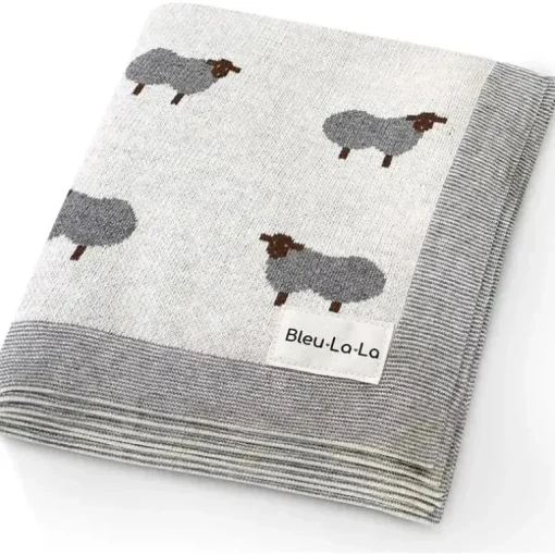 Bleu La La - 100% Luxury Cotton Swaddle Receiving Baby Blanket, Sheep Ivory