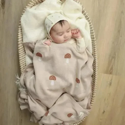 Bleu La La - 100% Luxury Cotton Swaddle Receiving Baby Blanket, Mushroom Camel