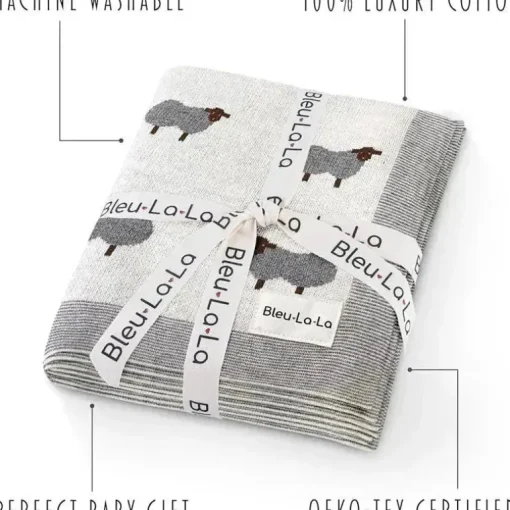 Bleu La La - 100% Luxury Cotton Swaddle Receiving Baby Blanket, Sheep Ivory