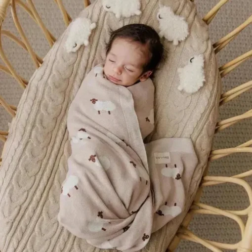 Bleu La La - 100% Luxury Cotton Swaddle Receiving Baby Blanket, Sheep Ivory