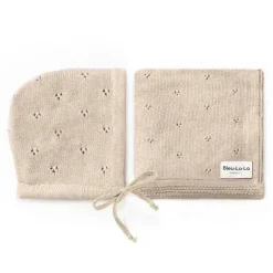 Bleu La La - 100% Organic Cotton Luxury Organic Blanket + Bonnet Hat Set, Beige