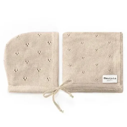 Bleu La La - 100% Organic Cotton Luxury Organic Blanket + Bonnet Hat Set, Beige