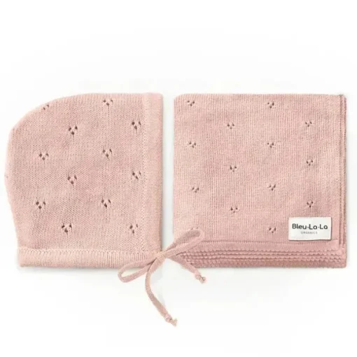 Bleu La La - 100% Organic Cotton Luxury Organic Blanket + Bonnet Hat Set, Pink