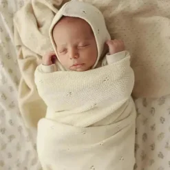 Bleu La La - 100% Organic Cotton Luxury Organic Blanket + Bonnet Hat Set, Beige