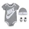 Body unissex Nike para bebê, gorro e botinhas cinza, conjunto