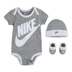 Body unissex Nike para bebê, gorro e botinhas cinza, conjunto