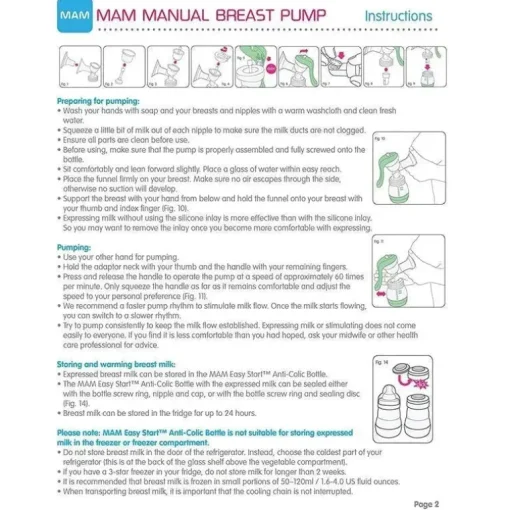 Bomba de mama manual Mam, bomba de mama portátil com mamadeira anti-cólica de início fácil, inclui 2 bicos de mamadeira, unissex