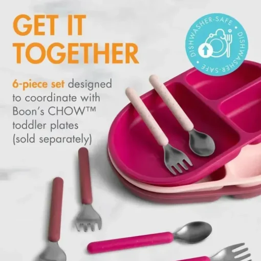Boon - Conjunto de utensílios infantis de aço inoxidável CHOW ™, rosa