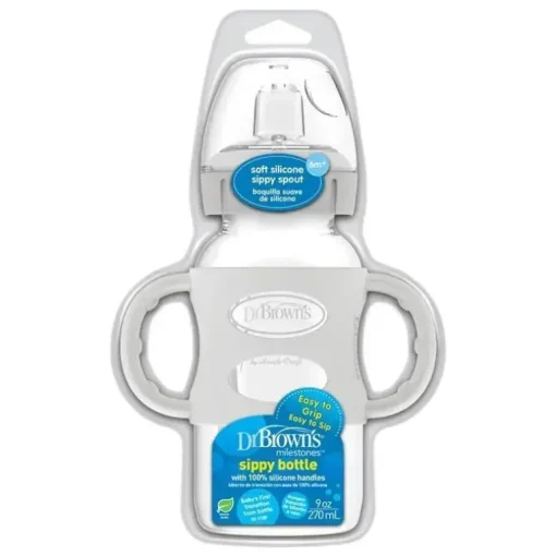 Brown's - Garrafa com canudinho de gargalo largo de 9 onças/270 ml com alças de silicone, cinza