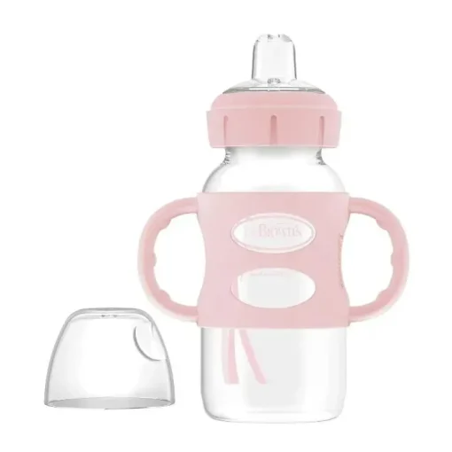 Brown's - Garrafa com canudinho de gargalo largo de 9 onças/270 ml com alças de silicone, rosa claro