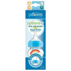 Brown's - Opções + kit inicial de mamadeira de gargalo largo para mamadeira com canudinho, azul, 9 onças