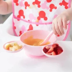 Bumkins - Conjunto de alimentação de silicone com sucção para bebês e crianças pequenas, Minnie Mouse rosa claro