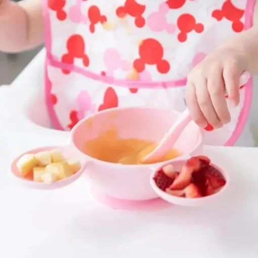 Bumkins - Conjunto de alimentação de silicone com sucção para bebês e crianças pequenas, Minnie Mouse rosa claro