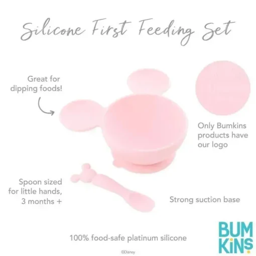 Bumkins - Conjunto de alimentação de silicone com sucção para bebês e crianças pequenas, Minnie Mouse rosa claro