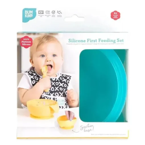 Bumkins - Conjunto de alimentação de silicone com sucção para bebês e crianças pequenas, geléia azul