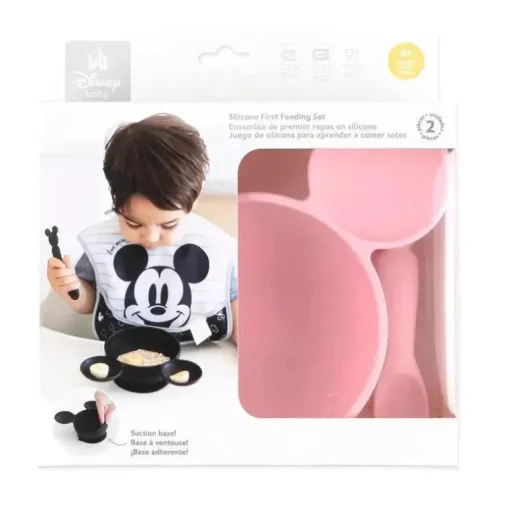 Bumkins - Conjunto de alimentação de silicone com sucção para bebês e crianças pequenas, Minnie Mouse rosa claro