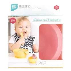 Bumkins - Conjunto de alimentação de silicone com sucção para bebês e crianças pequenas, gelatina rosa